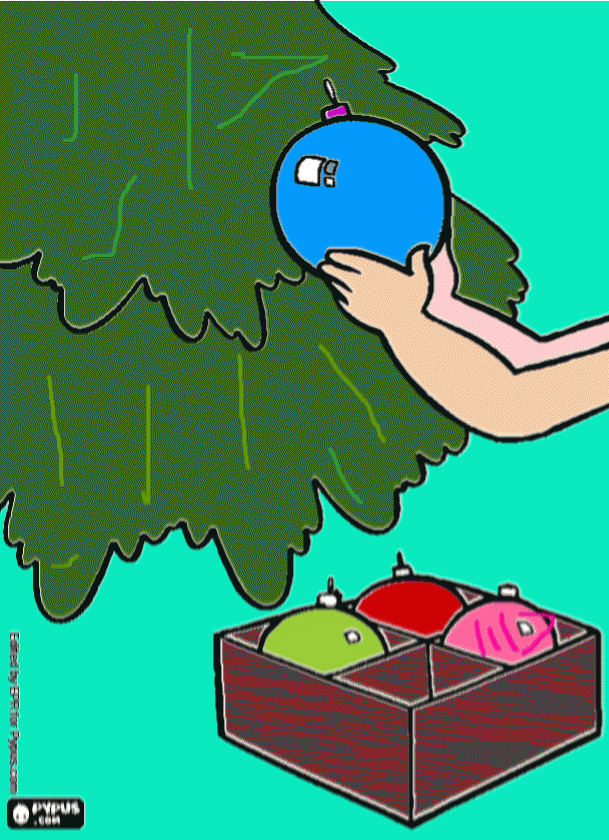 A box of ornaments for the Christmas tree.Three decorative balls inside the box while another ball is being put on the fir tree drawing. coloring page