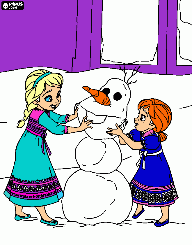 anna and elsa building olaf coloring page