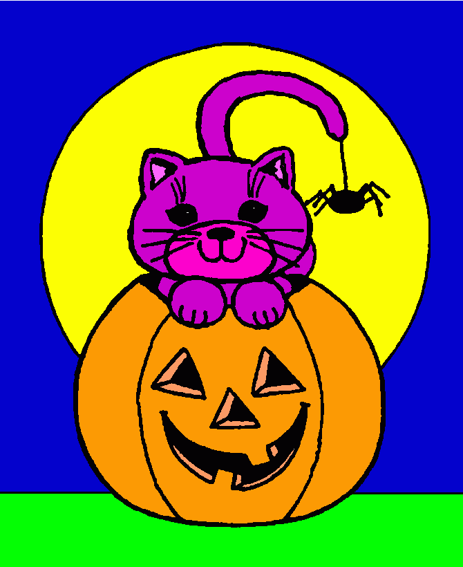 Cat and pumpkin on Halloween night coloring page