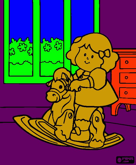 Girl playing at home with her rocking horse  coloring page