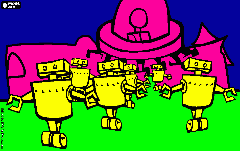 Group of robots under the command of an alien coloring page