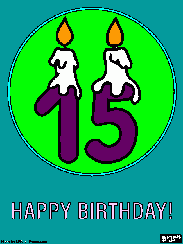 Happy Birthday fifteen years with candles coloring page