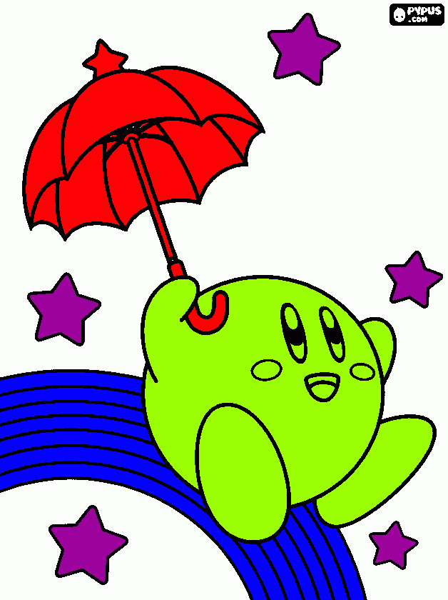 Kirby with an umbrella flying among the stars and the rainbow  coloring page