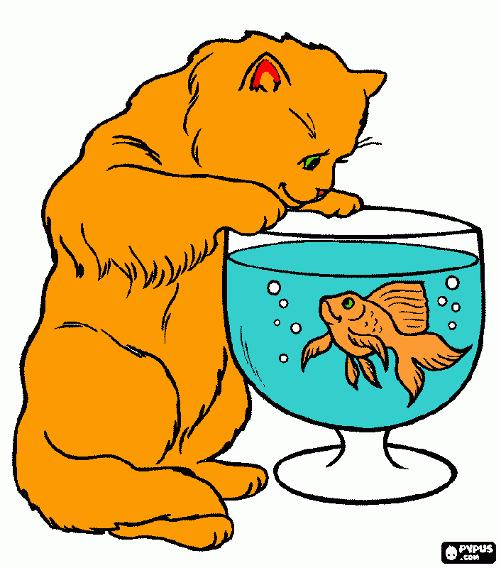 Kitten Watching a Goldfish coloring page