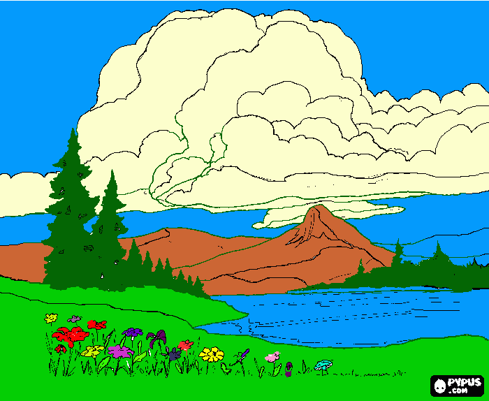 landscape with mountains and cloulds coloring page