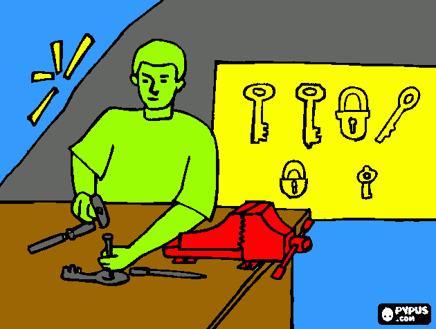 Locksmith work on the desk of the workshop with the tools and keys  coloring page