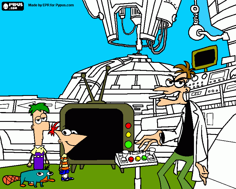 Phineas, Ferb and Perry in Doofenshmirtz's lab. coloring page