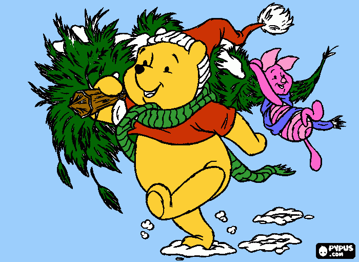 Pooh at Christmas coloring page