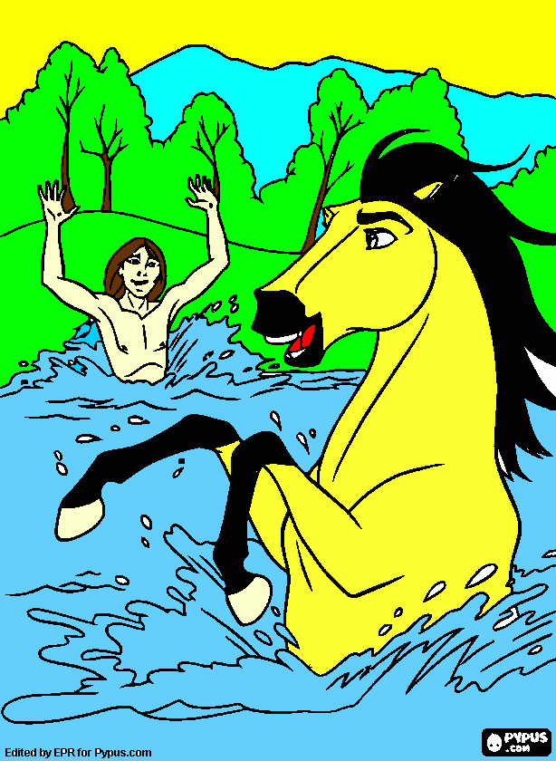 Spirit playing with his friend, Little Creek, in the water coloring page