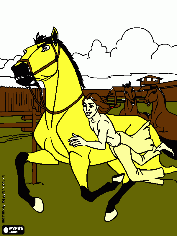 Spirit with Little Creek running away from the fort/stables coloring page