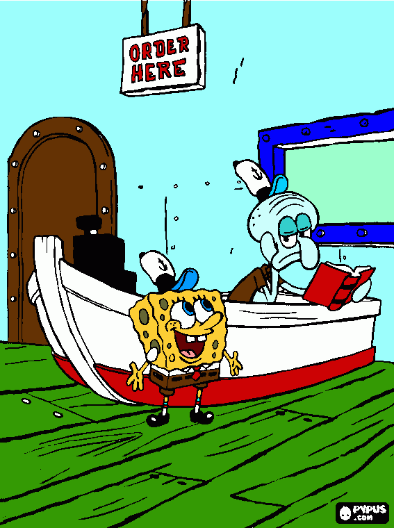 spongebob and sqidward at the crusy crab coloring page