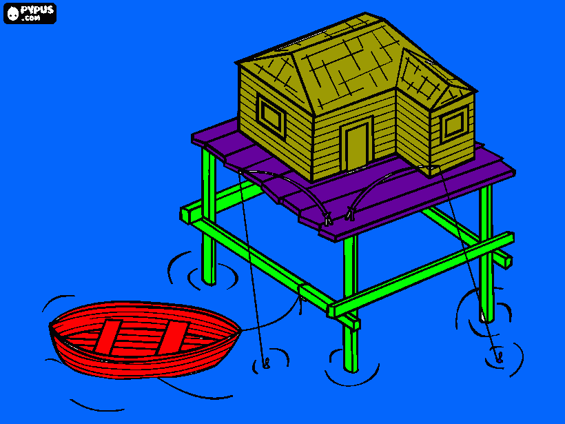 Stilt house with hut for fishermen coloring page