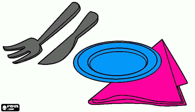 Utensils to eat at the table: plates, napkins, fork and knife  coloring page