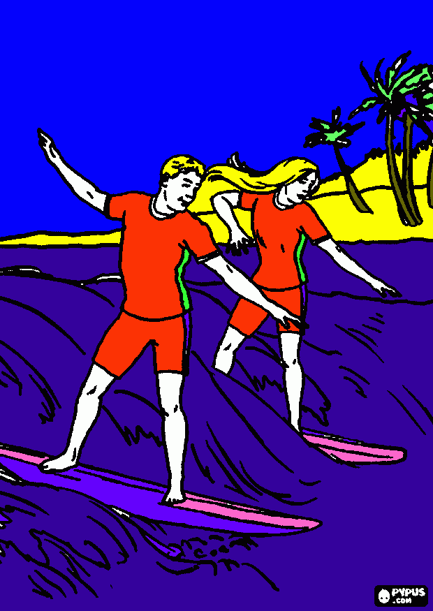 wife and husband surfing coloring page