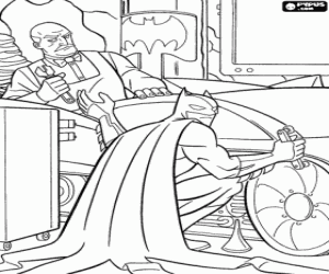 Batman and his butler working in the Batmobile coloring page