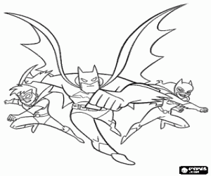 Batman running along with Batwoman and Robin coloring page