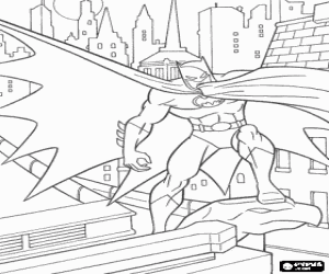Batman watching the city from the roof of a building in Gotham City coloring page