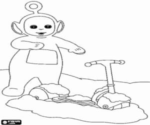 Po playing with his kick scooter in the snow coloring page