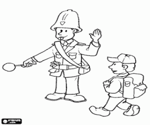 Police officer - Bobby controlling traffic to allow passage of children near a school coloring page