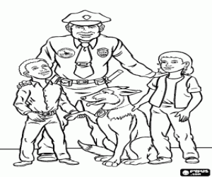 Policeman or police officer with a boy and girl along with his police dog coloring page
