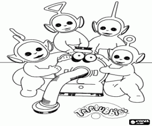 Teletubbies with Noo-noo, the vacuum cleaner that takes care of them coloring page