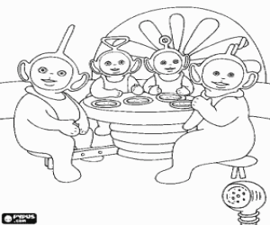 The four Teletubbies with the bibs seated to the table at meal time coloring page