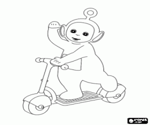 The smallest and youngest Teletubbie, Po and her kick scooter coloring page